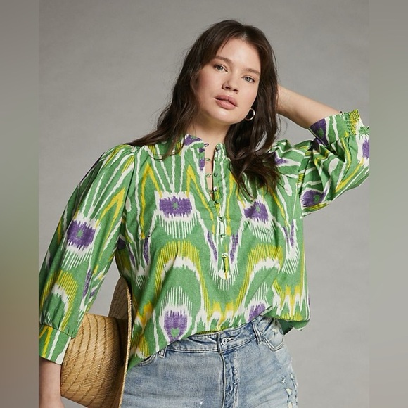 Anthropologie Green Sharona Henley Puffed Sleeve Blouse Size Medium - Picture 8 of 11
